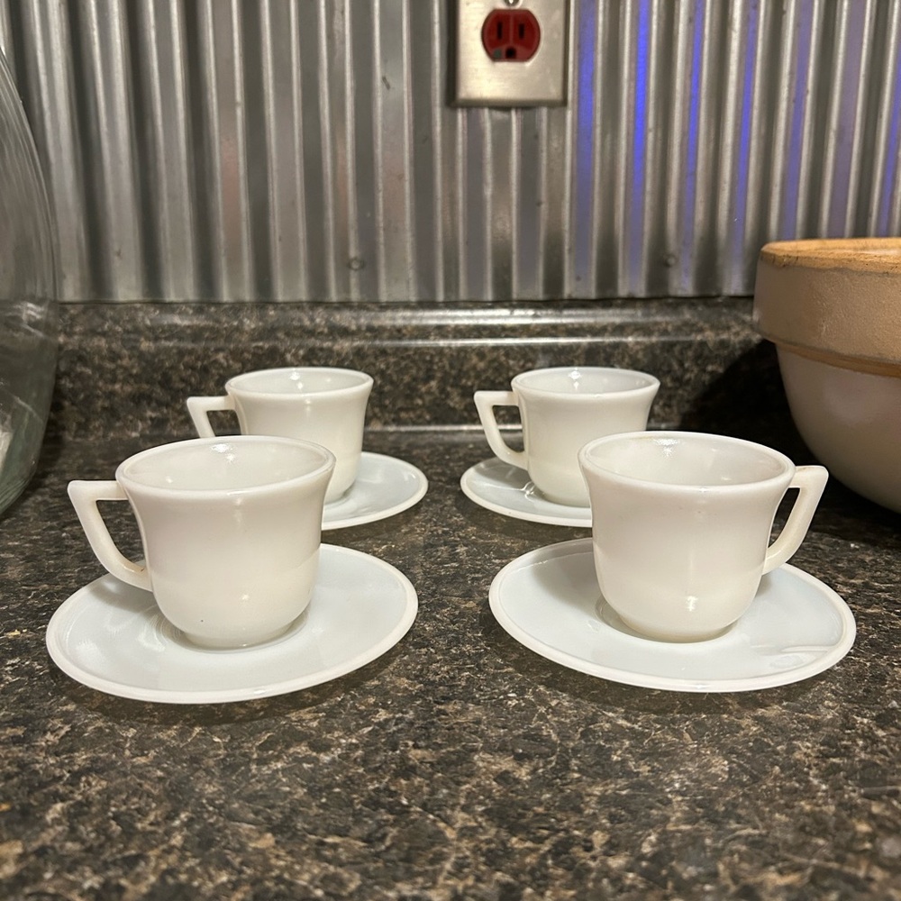 Vintage Hazel Atlas child’s tea set milk glass Demitase cups and saucers.